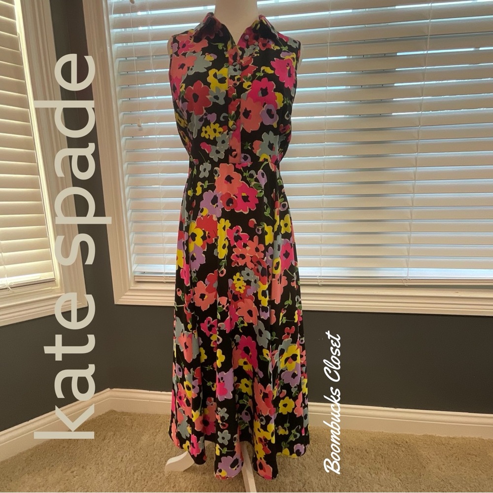 Kate Spade Black Wild Bouquet multicolor Floral Midi Dress Medium 6 pink yellow